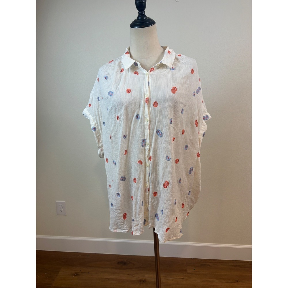 Madewell Button Down Shirt Womens 3X White Embroidered‎ Floral Gauze Euro Summer